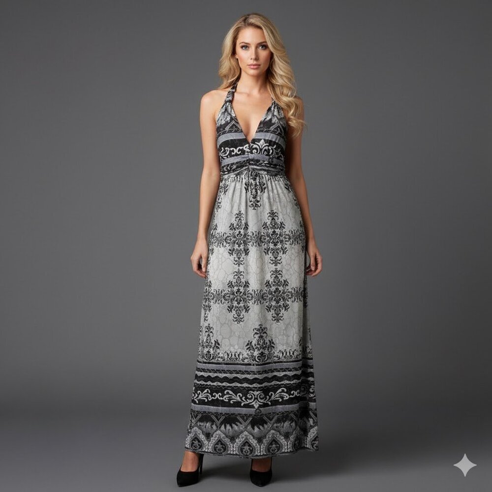 Grey and Gold Tribal Printed Maxi Dress